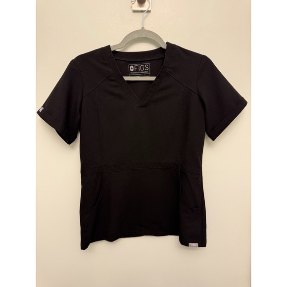 FIGS Scrub Top Womens XS Black Flores StyleTW2012 Peplum Back Vent Nurse Medical - Picture 1 of 8